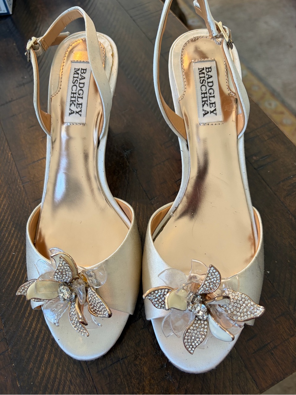 Badgley Mischka Champagne Satin Slingback Heels with Crystal Flower Accent
